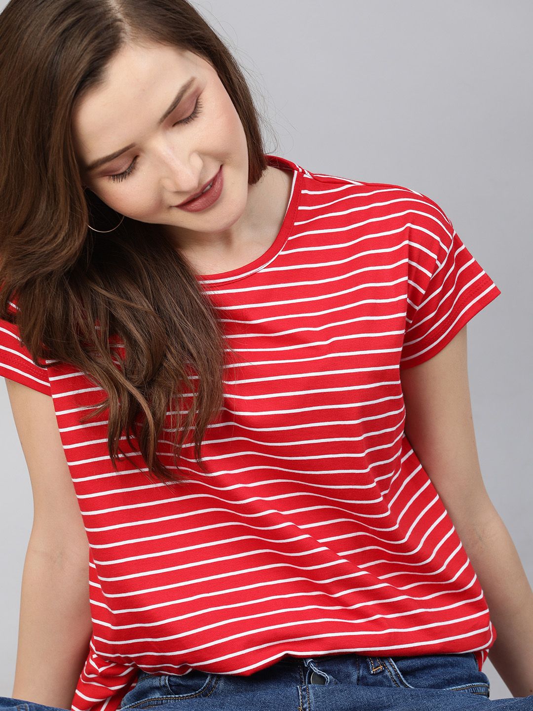 HERE&NOW Women Red & White Striped Round Neck T-shirt Price in India