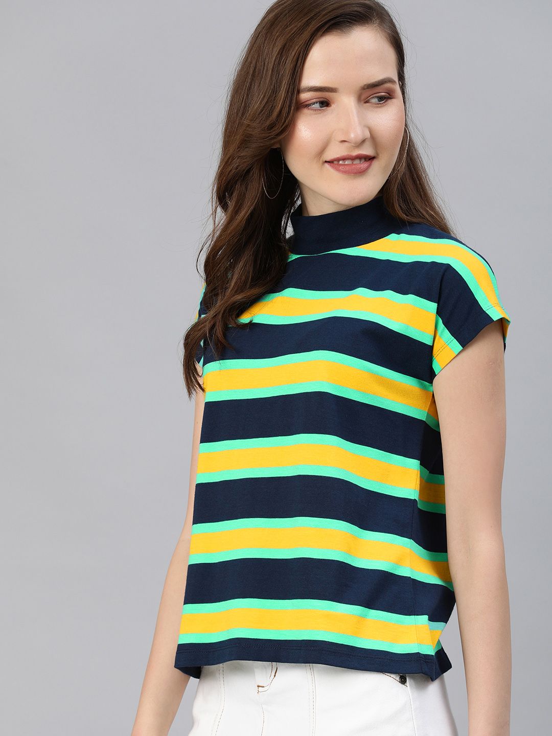 HERENOW Women Navy Blue  Mustard Yellow Striped High Neck Pure Cotton T-shirt Price in India