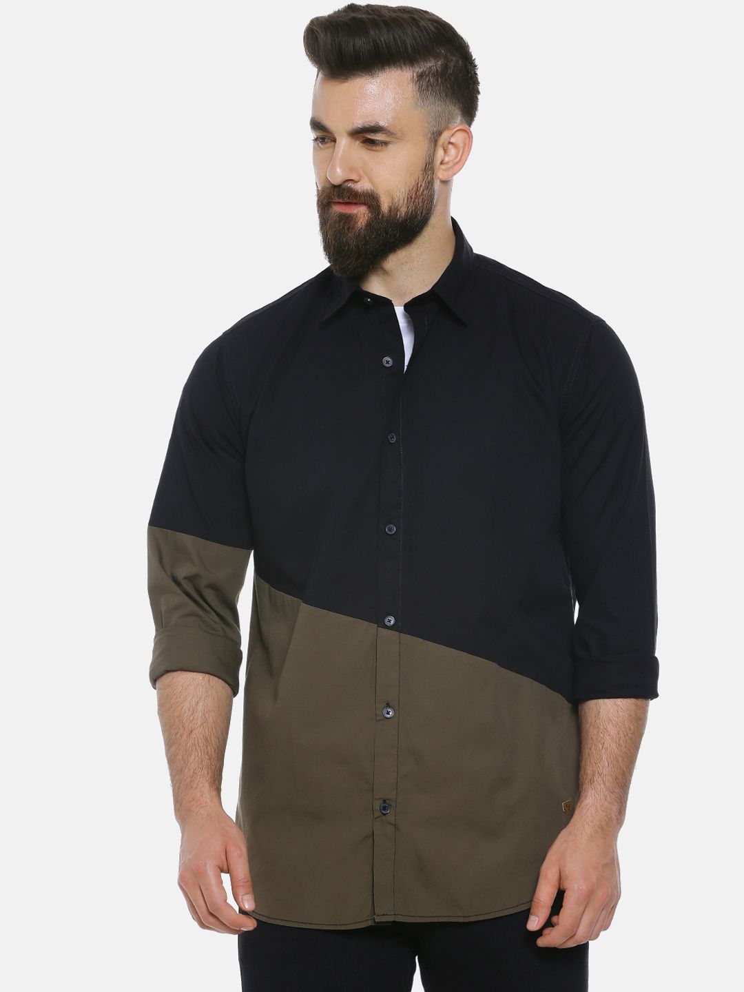 CAHOOT Men Black & Olive Brown Regular Fit Colourblocked Casual Shirt
