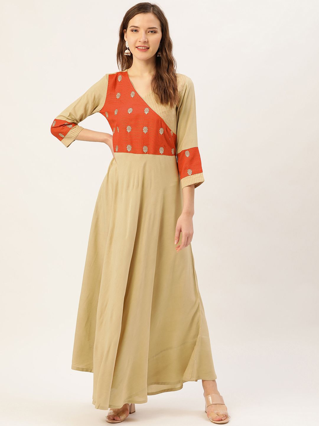 Jaipur Kurti Women Beige & Rust Orange Embroidered Detail Maxi Dress