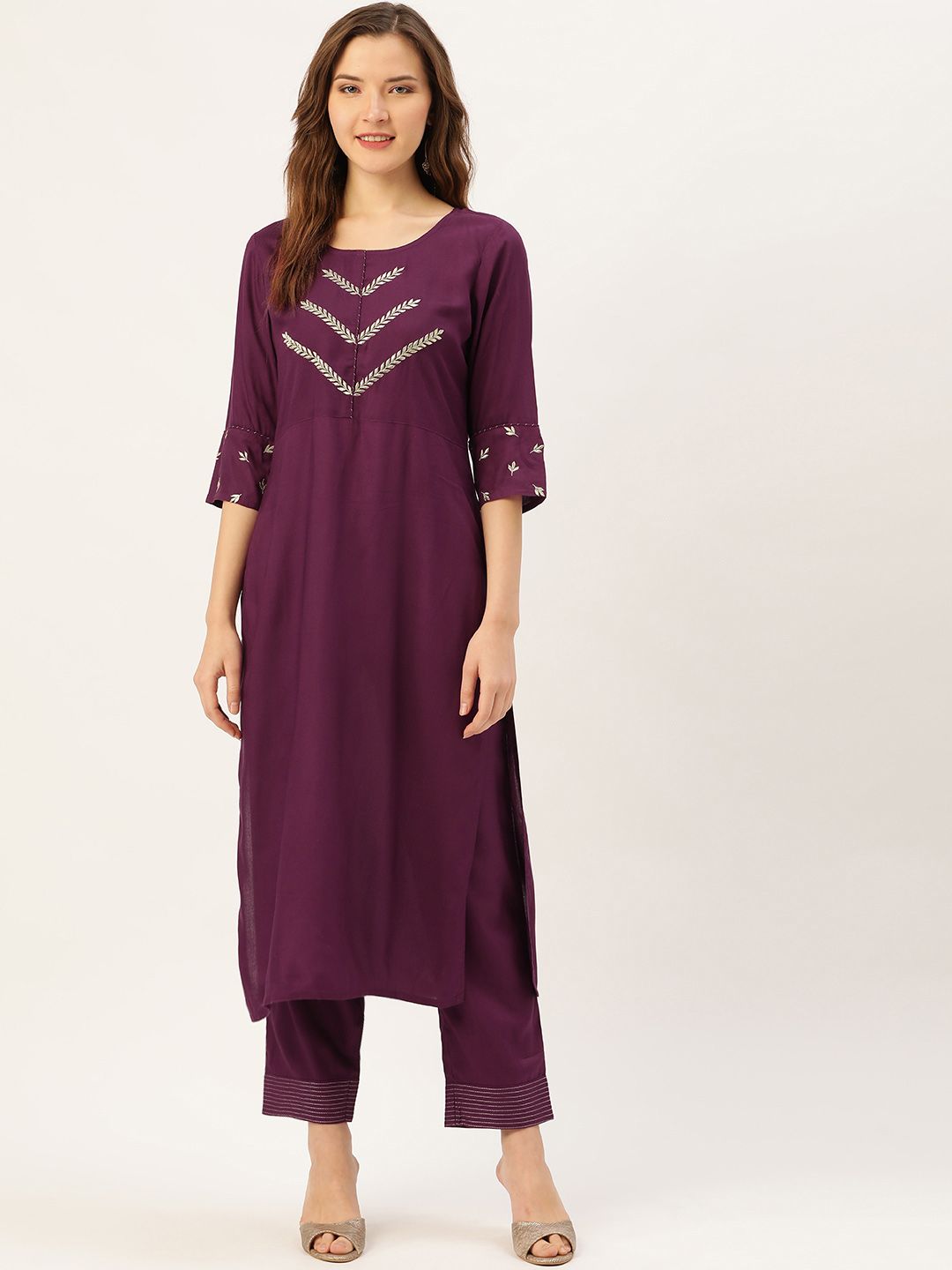 Jaipur Kurti Women Aubergine Zari Yoke Design Kurta with Palazzos Price in India