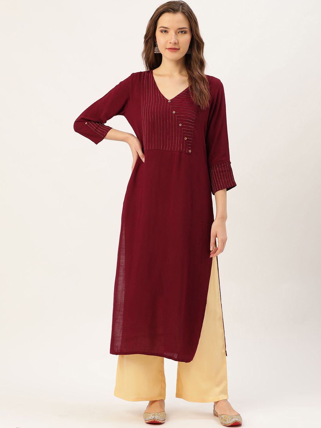 Jaipur Kurti Women Burgundy & Beige Yoke Design Kurta with Palazzos Price in India