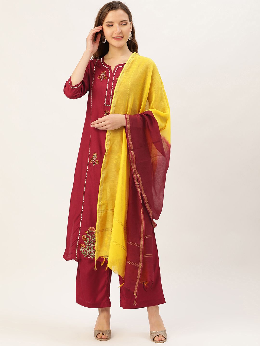 Jaipur Kurti Women Maroon & Yellow Embroidered Kurta with Palazzos & Dupatta Price in India