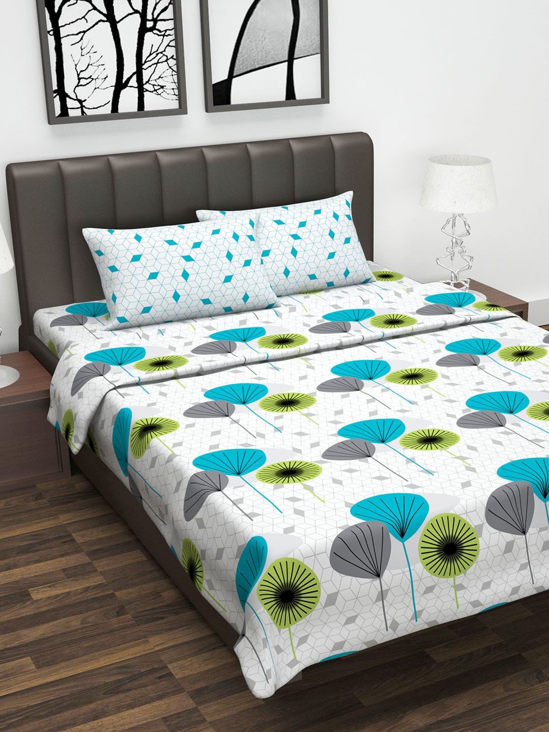 Divine Casa Unisex White & Blue Printed Double Bedsheet With 2 Pillow Covers & Double Bed Dohar Price in India