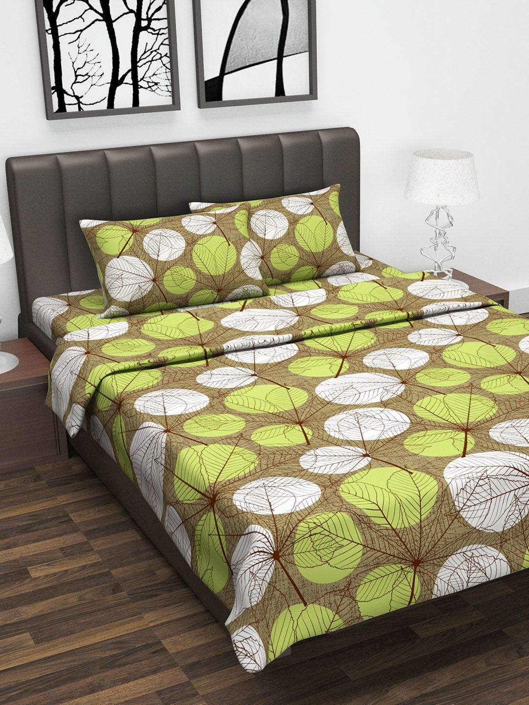 Divine Casa Unisex Brown & Green Printed Double Bedsheet With 2 Pillow Covers & Double Bed Dohar Price in India