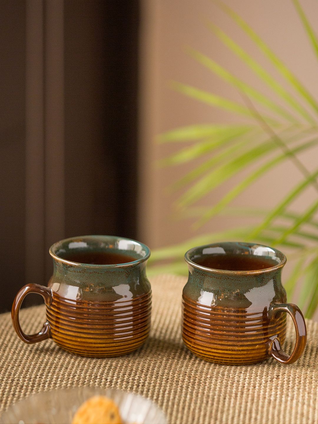 ExclusiveLane Set Of 2 Brown & Teal Green Printed Ceramic Studio Pottery Coffee Mugs Price in India