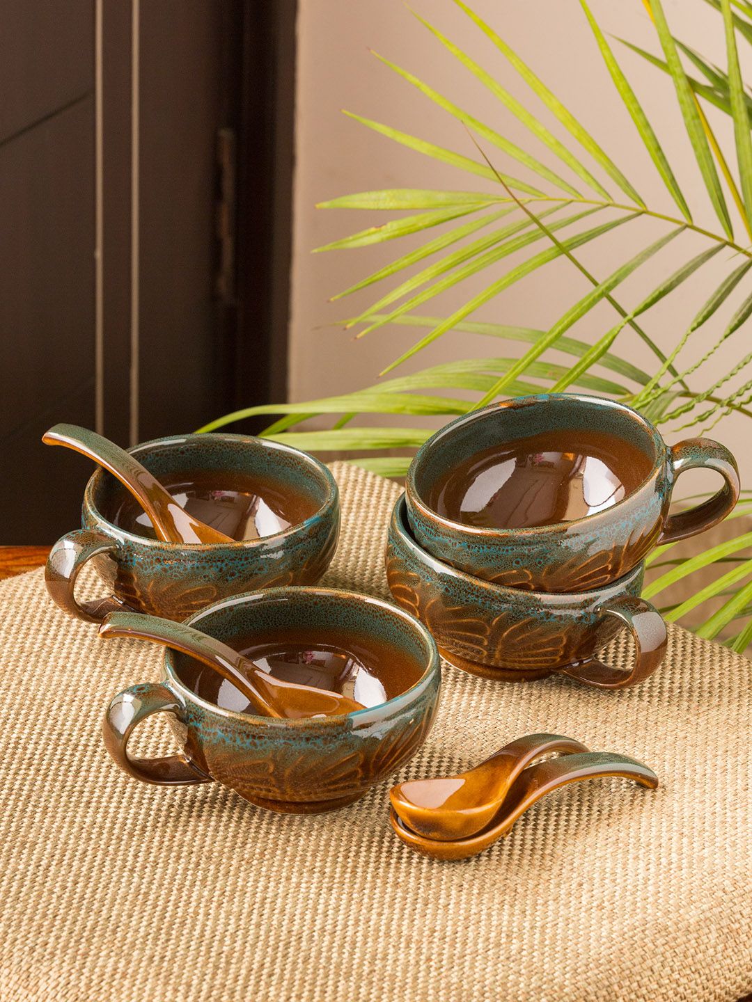ExclusiveLane Set of 4 Brown & Teal Green Printed Ceramic Soup Bowls With Spoons Price in India
