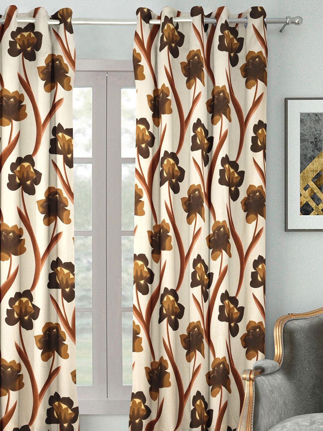 HOUZZCODE Cream-Coloured & Brown Printed Single Window Curtain Price in India