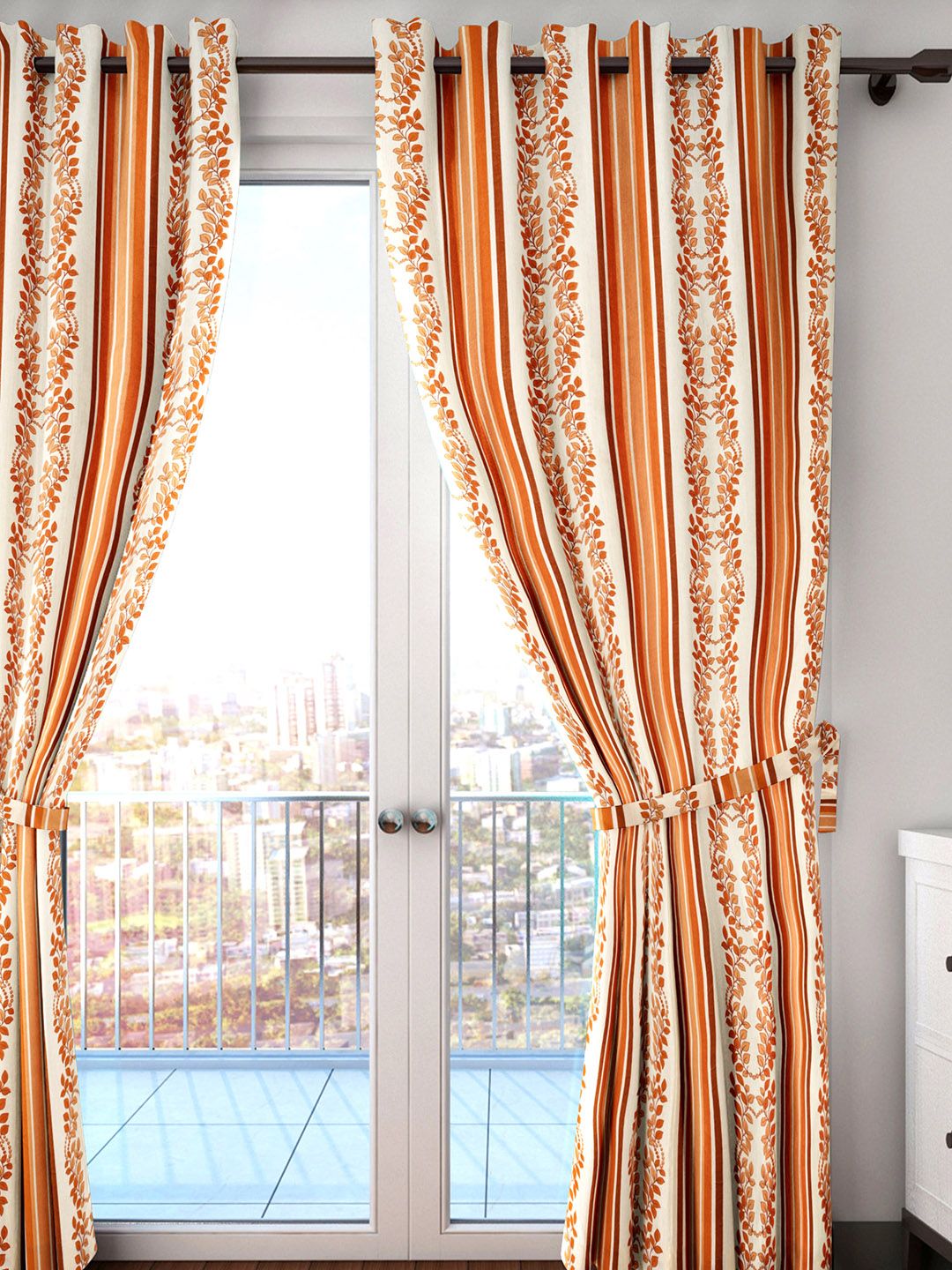 HOUZZCODE Off-White & Orange Ethnic Single Door Curtain Price in India