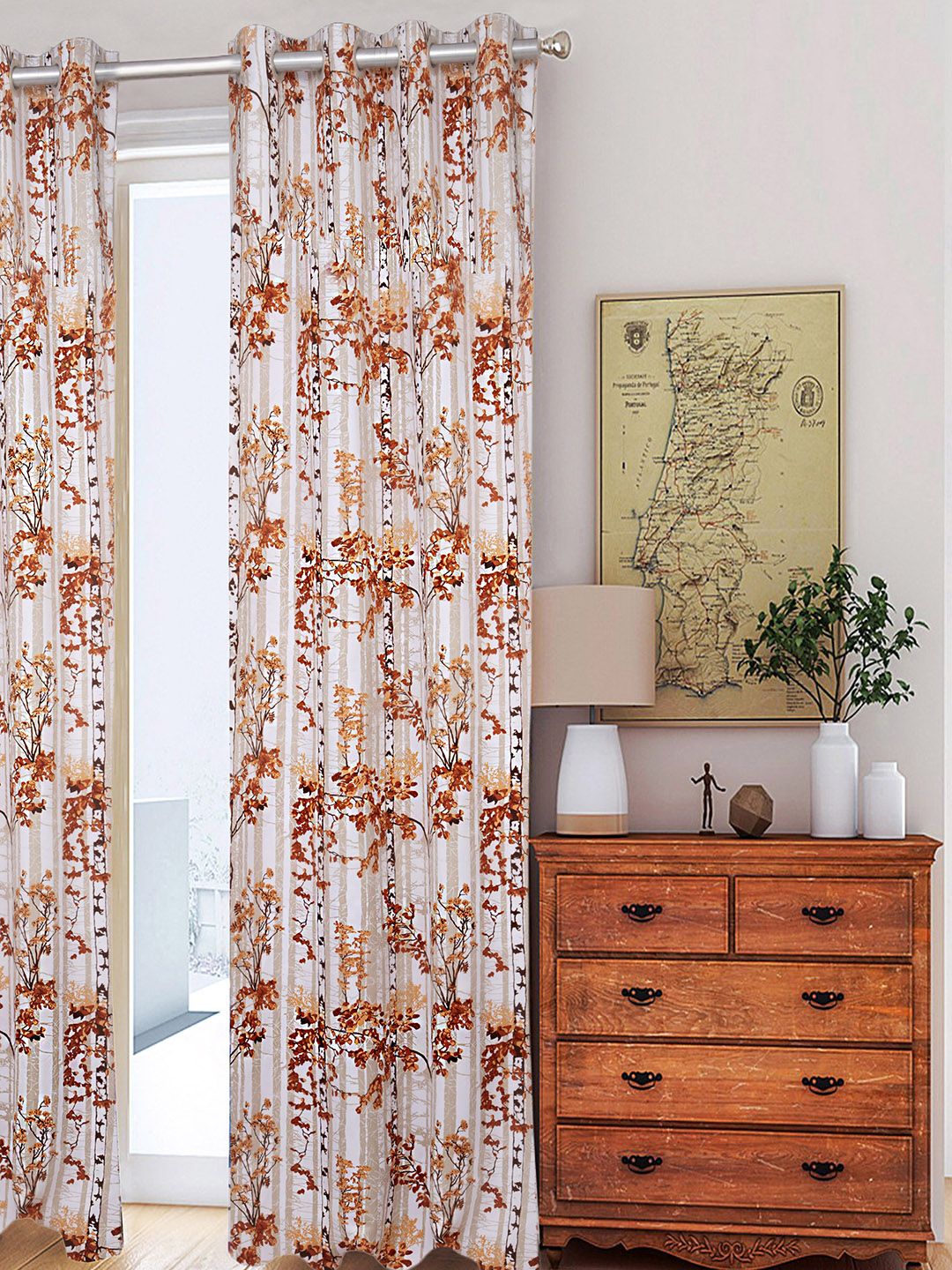 HOUZZCODE Off-White & Orange Printed Single Door Curtain Price in India