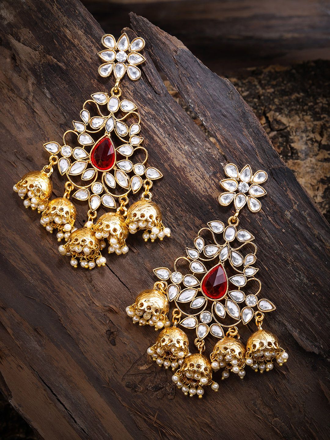 Zaveri Pearls Gold-Toned & Red Dome Shaped Drop Earrings Price in India