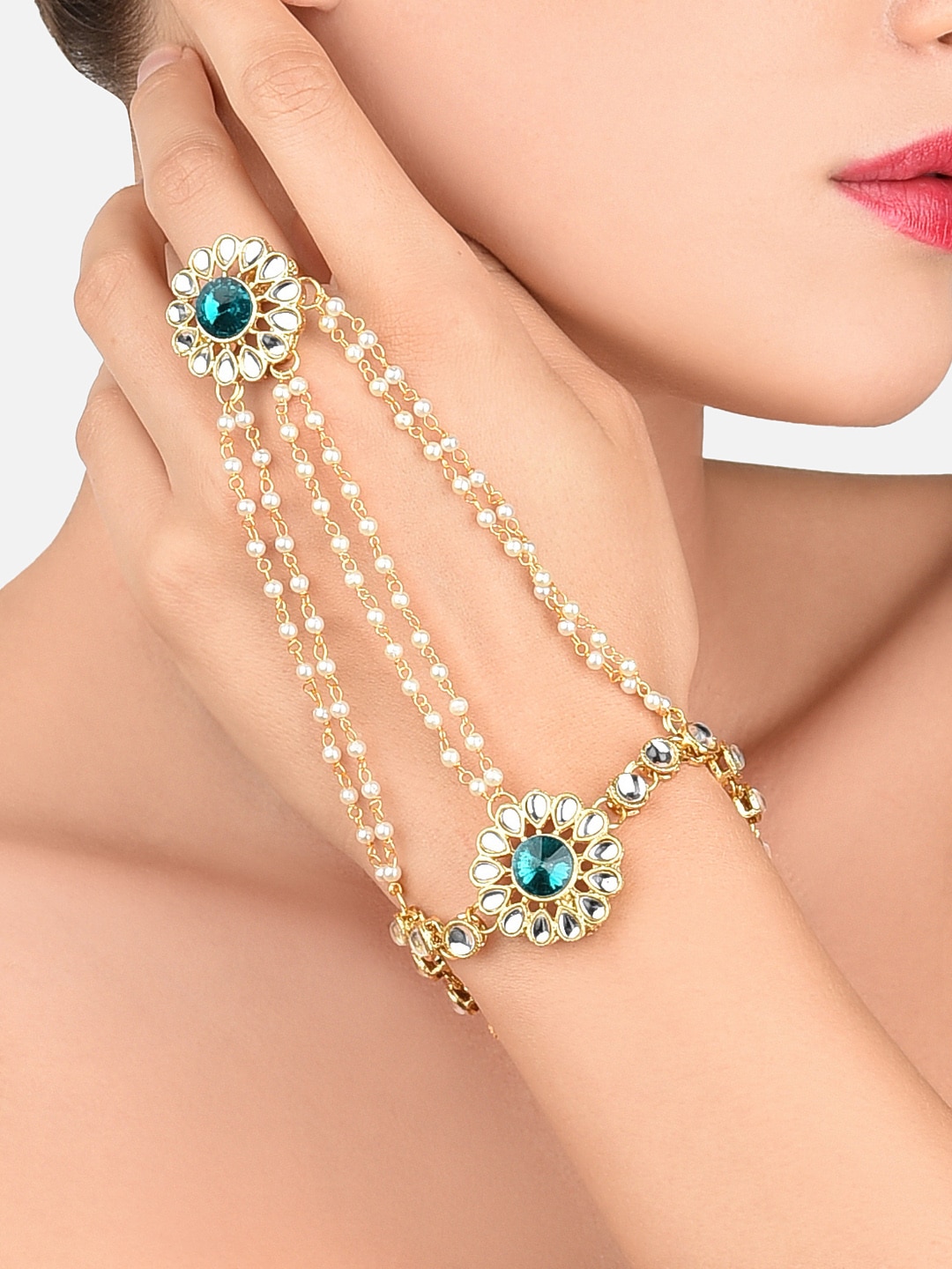 Zaveri Pearls Gold-Plated & Green Kundan-Studded Ring Bracelet Price in India