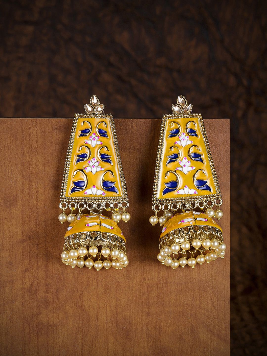 Zaveri Pearls Gold-Plated & Yellow Enamelled Classic Jhumkas Price in India