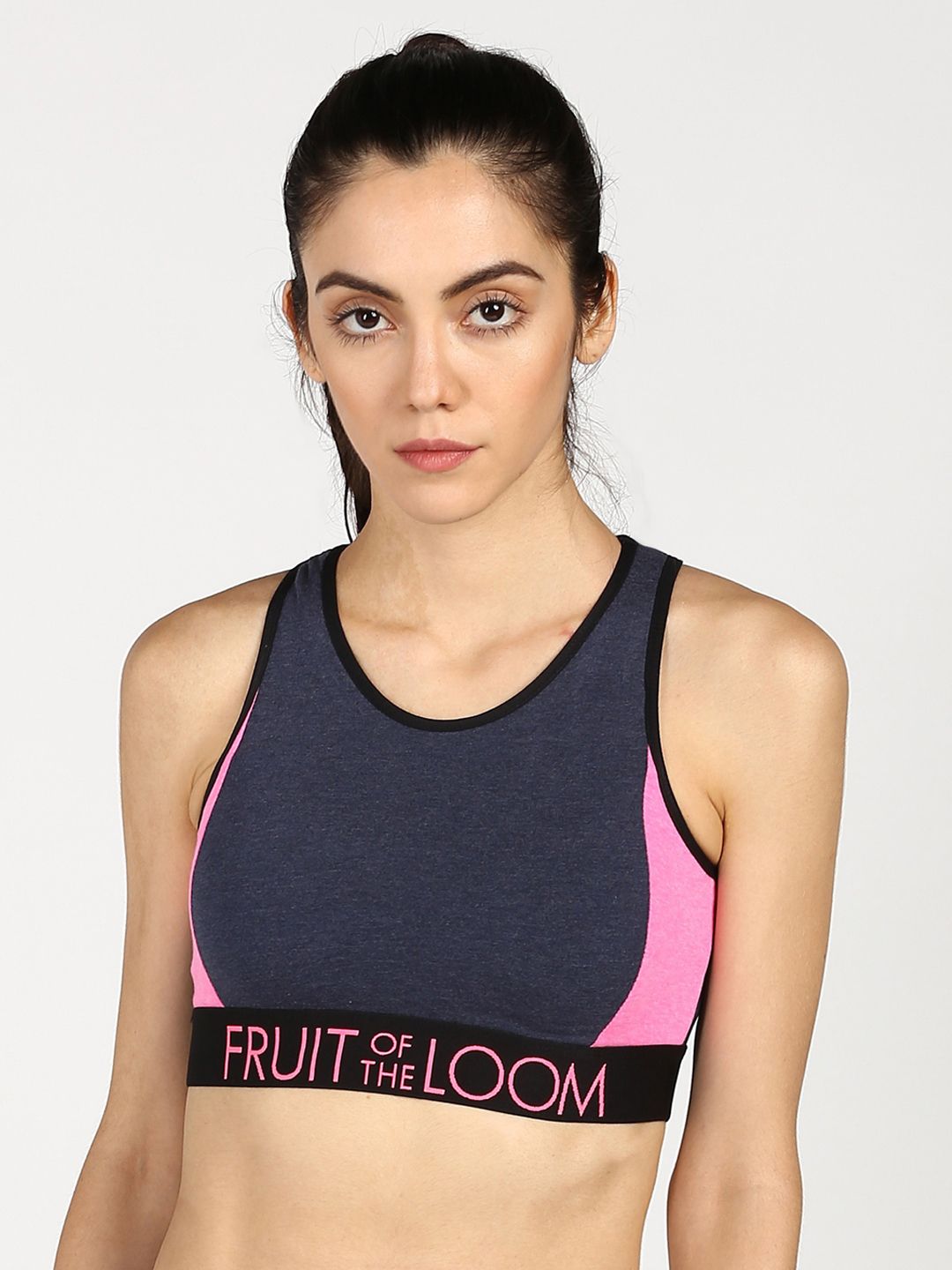 Fruit of the loom Blue & Pink Colourblocked Non-Wired Non Padded Sports Bra FATS01-A1S1 Price in India