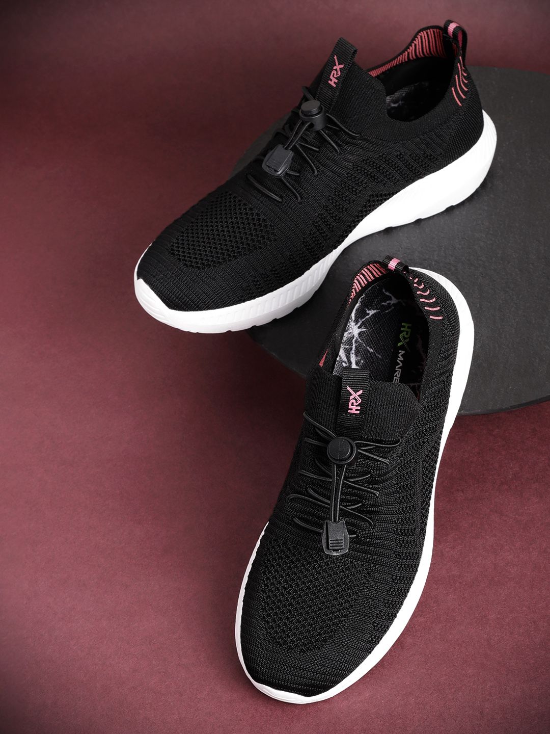 HRX by Hrithik Roshan Women Black Woven Design Marble Knit Running Shoes Price in India