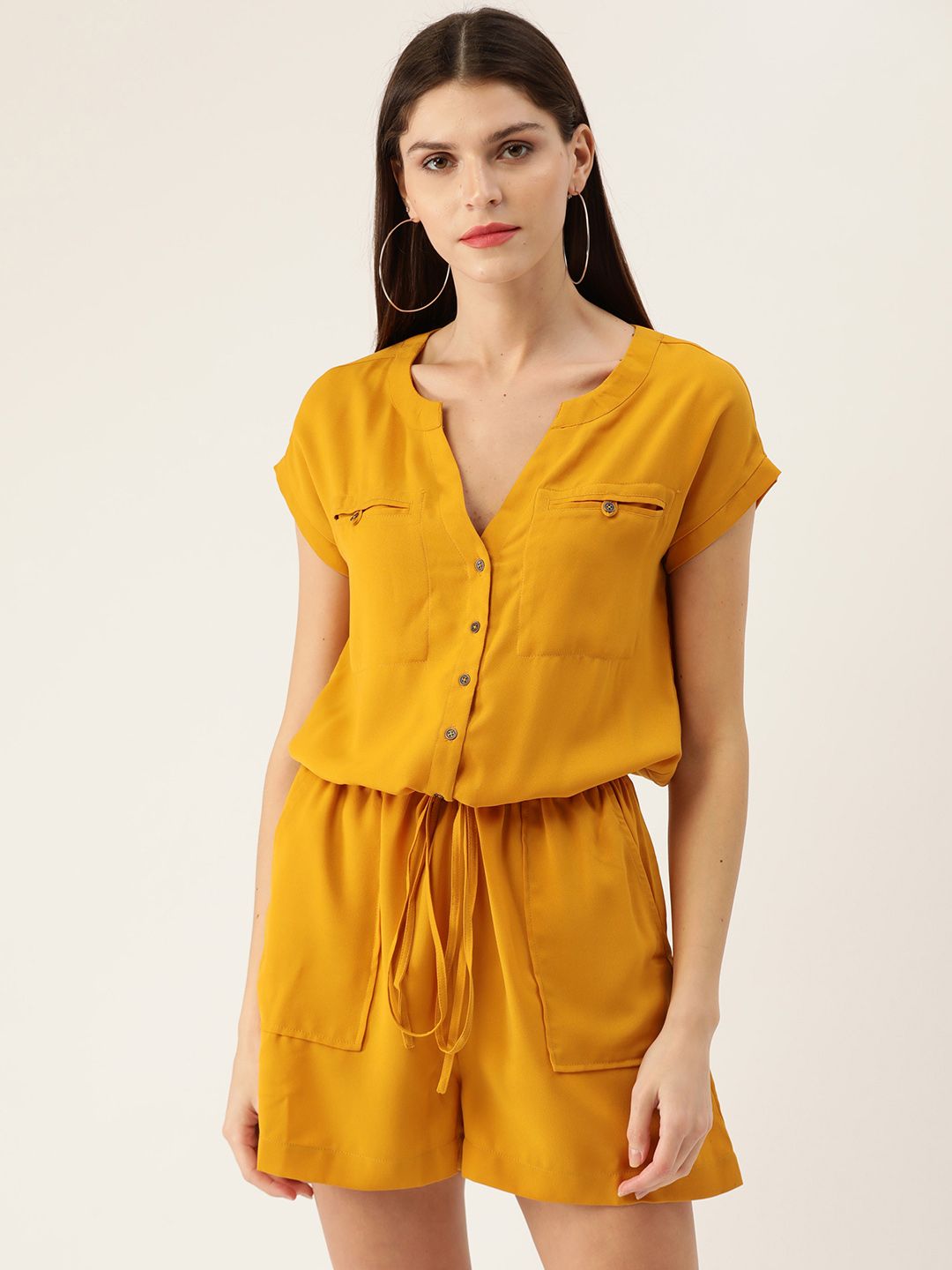 QUIERO Women Mustard Yellow Solid Waist Tie-Up Playsuit Price in India