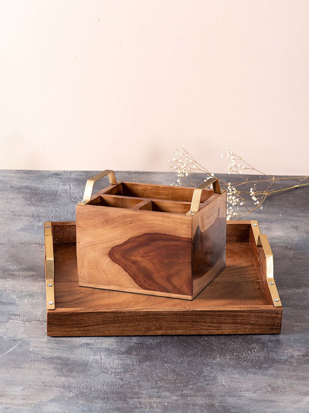 nestroots Brown Solid Sheesham Wood Serving Tray & Cutlery Holder With Brass Handle Price in India