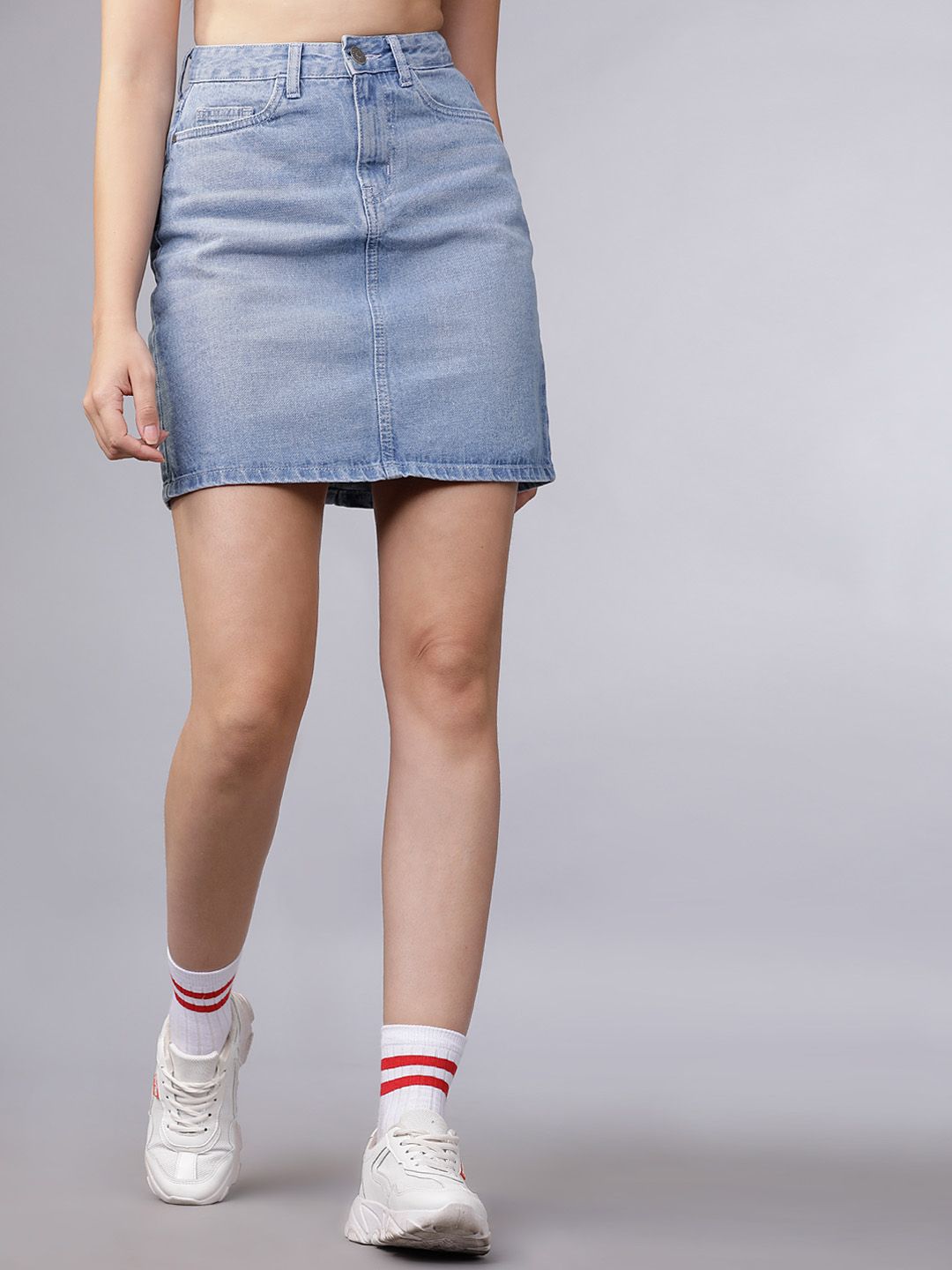 Tokyo Talkies Women Blue Solid Straight Mini Denim Skirt Price in India
