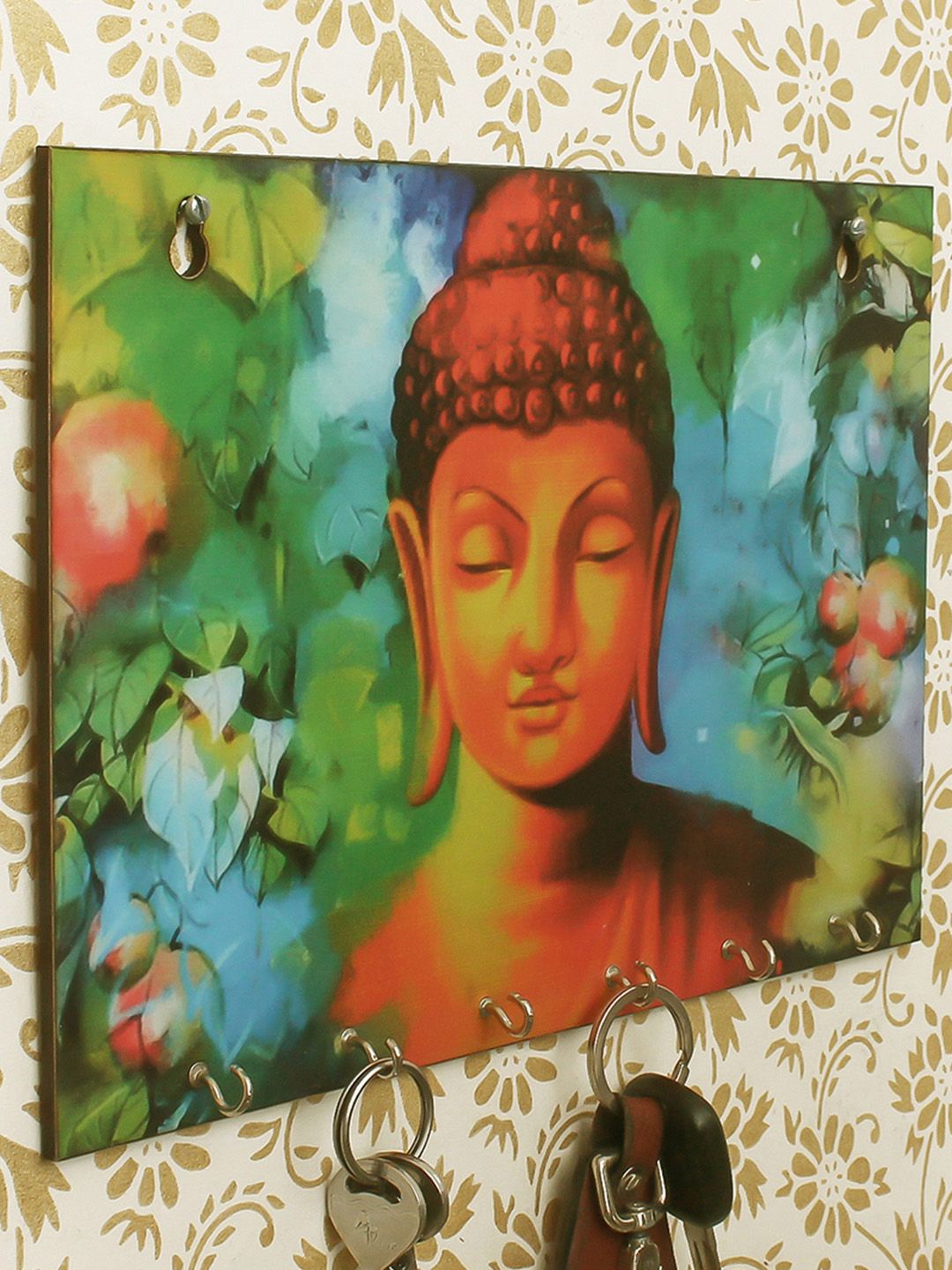 eCraftIndia Red & Green Printed Lord Buddha Wooden Key Holder With 6 Hooks Price in India