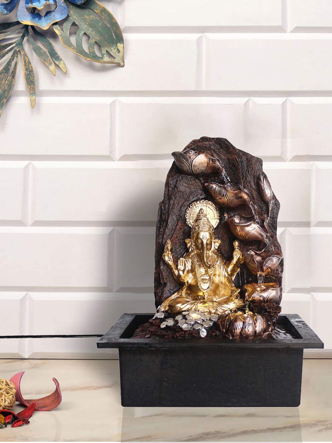 eCraftIndia Gold-Toned & Brown Polyresin Ganesha 6 Step Water Fountain With Led Lights Price in India