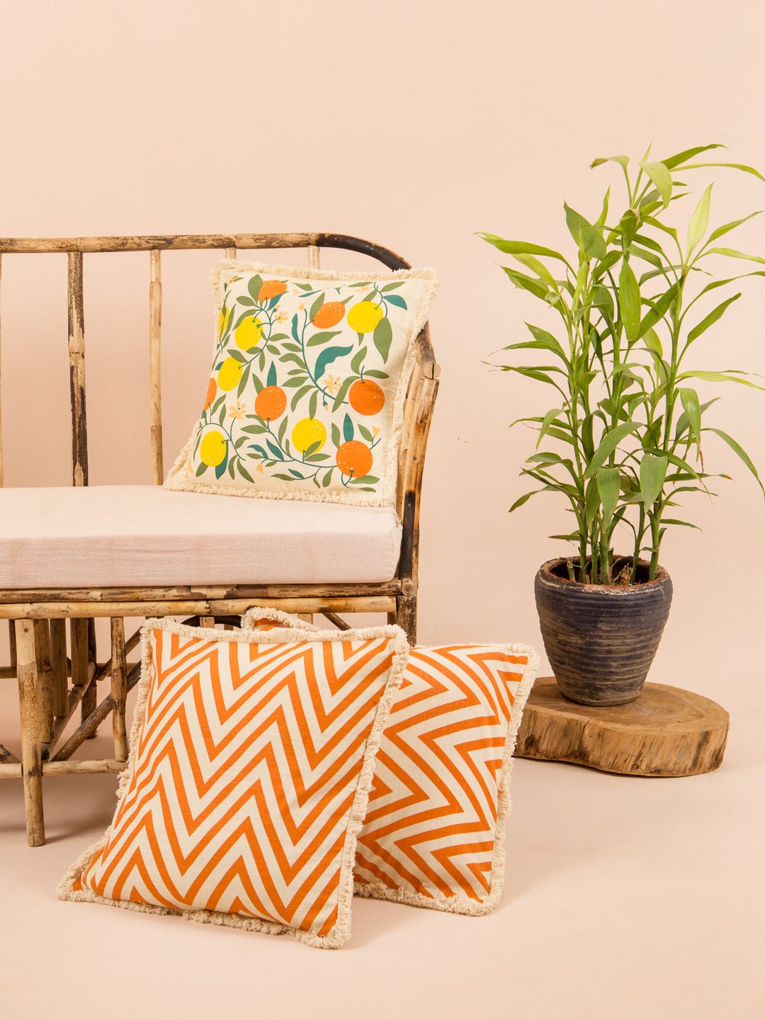 Chumbak Orange & Off-White Set of 3 Geometric Square Cushion Covers Price in India