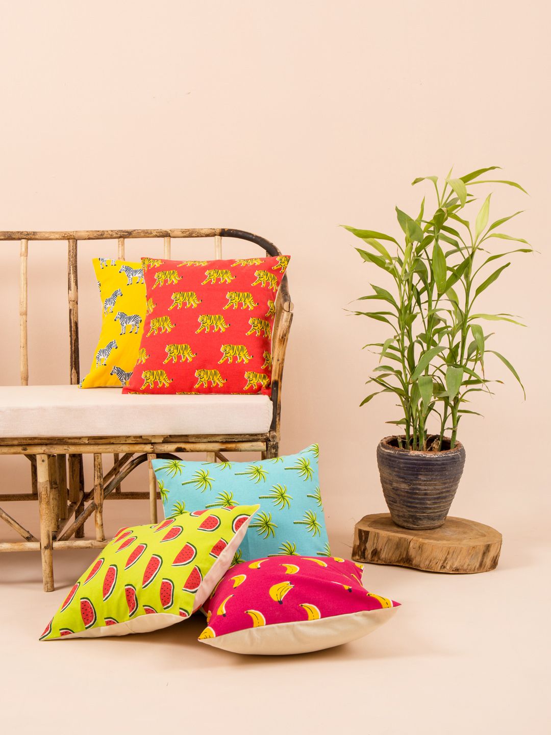Chumbak Pink & Green Set of 5 Ethnic Motifs Square Cushion Covers Price in India
