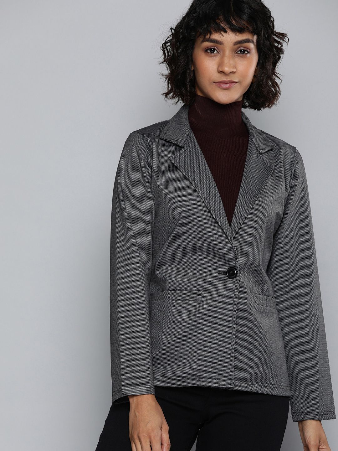 Chemistry Women Charcoal Grey Self Design Single-Breasted Casual Blazer