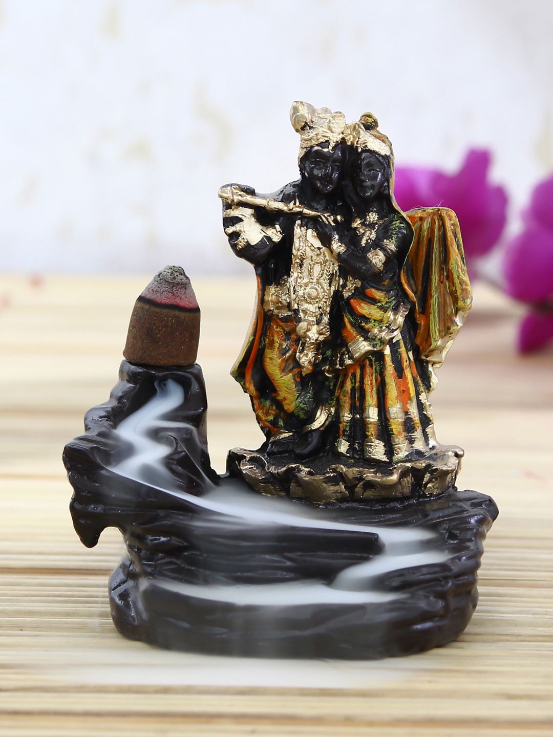 eCraftIndia Black & Golden Krishna & Radha Smoke Fountain with 10 Backflow Cone Showpiece Price in India