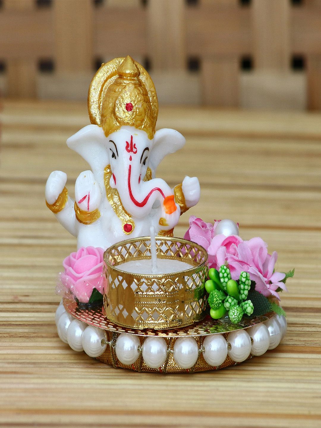 eCraftIndia White & Pink Handcrafted Lord Ganesha Tea Light Holder Showpiece Price in India