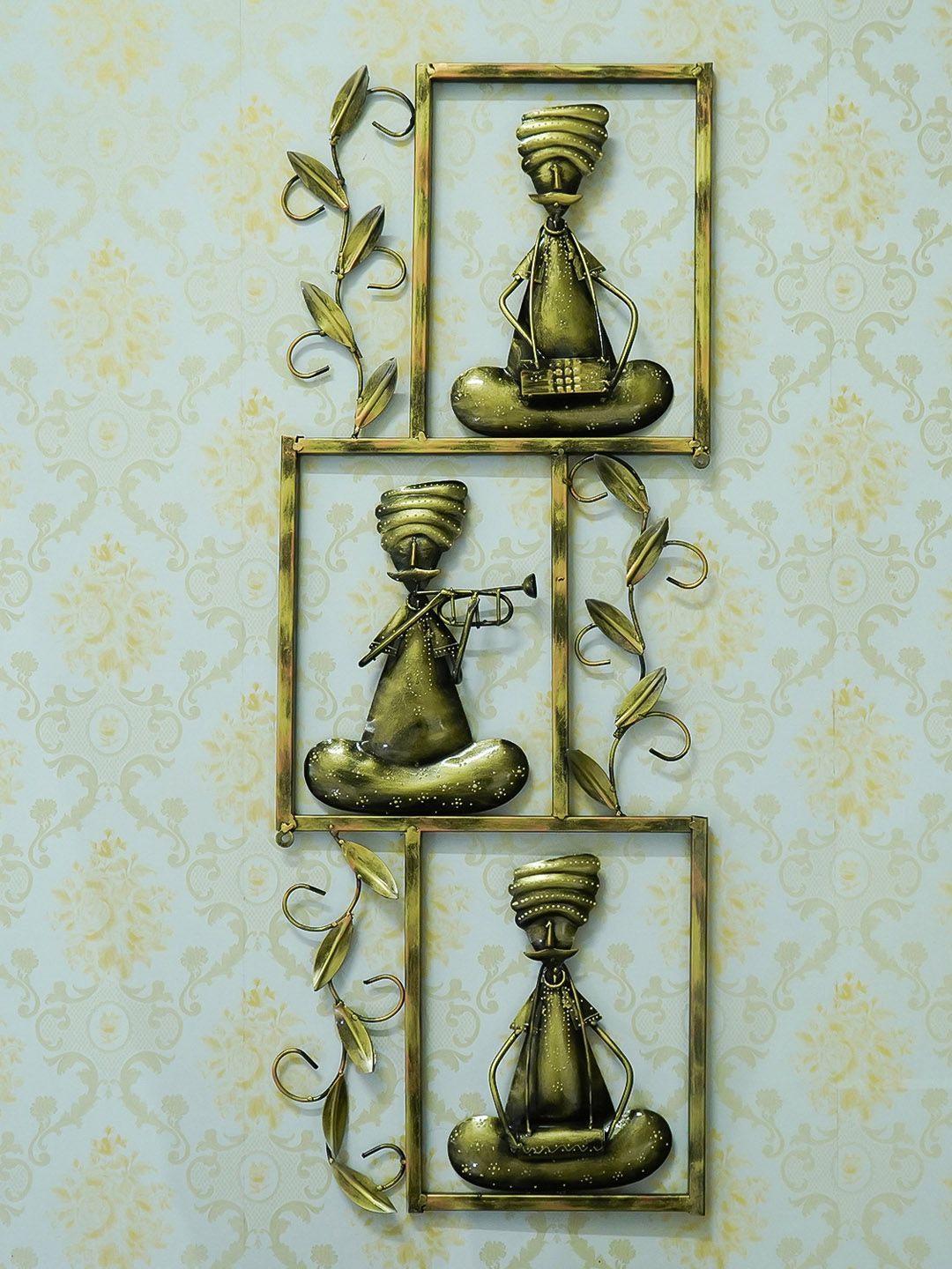 eCraftIndia Brown & Gold-Toned Handcrafted 3 Tribal Musicians Wall Decor Price in India