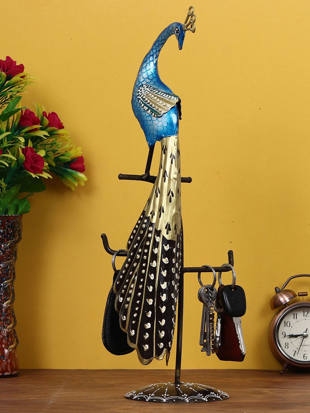 eCraftIndia Blue & Gold-Toned Handcrafted Peacock Key Holder Price in India