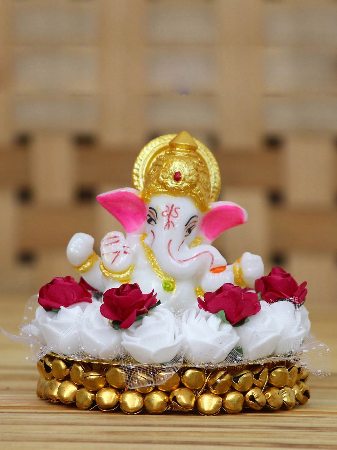 eCraftIndia White & Gold-Toned Handcrafted Lord Ganesha Idol on Decorated Plate Showpiece Price in India