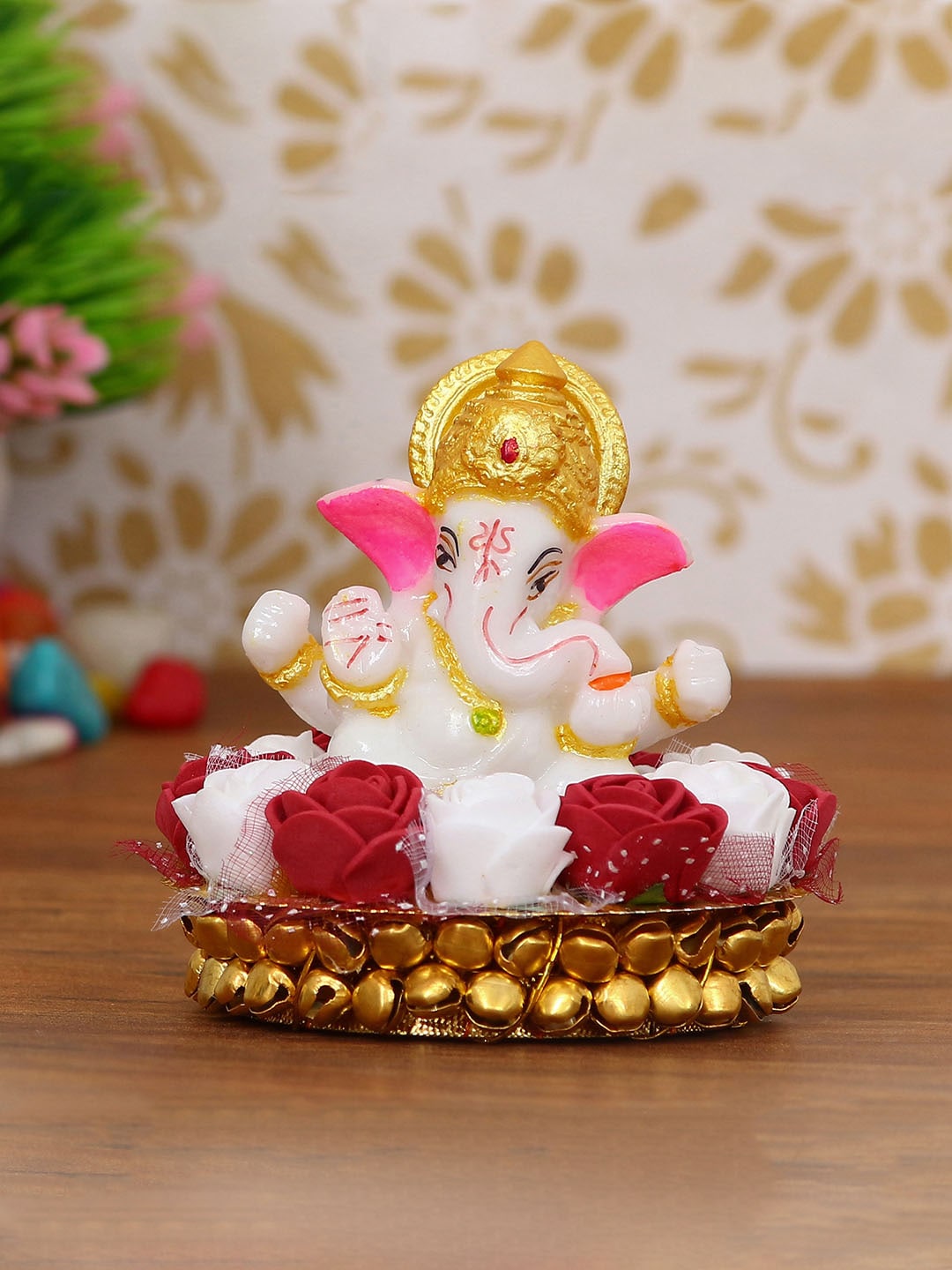 eCraftIndia White & Gold-Toned Handcrafted Lord Ganesha Idol on Decorated Plate Price in India