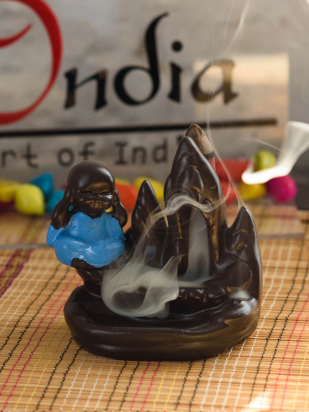 eCraftIndia Brown & Blue Meditating Monk Buddha Smoke Fountain With 10 Backflow Cone Price in India