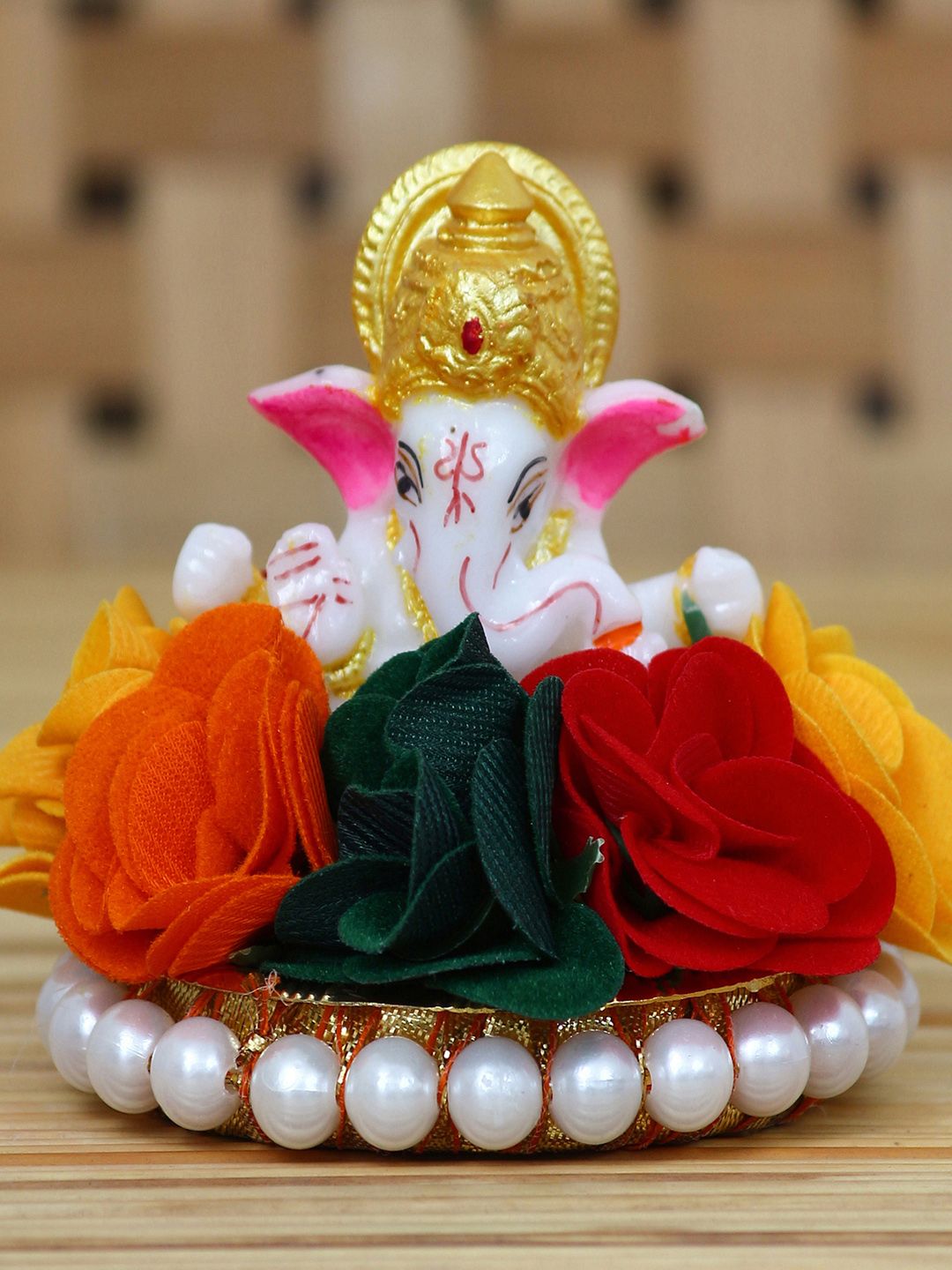 eCraftIndia White & Gold-Toned Handcrafted Lord Ganesha Idol on Decorated Plate Price in India