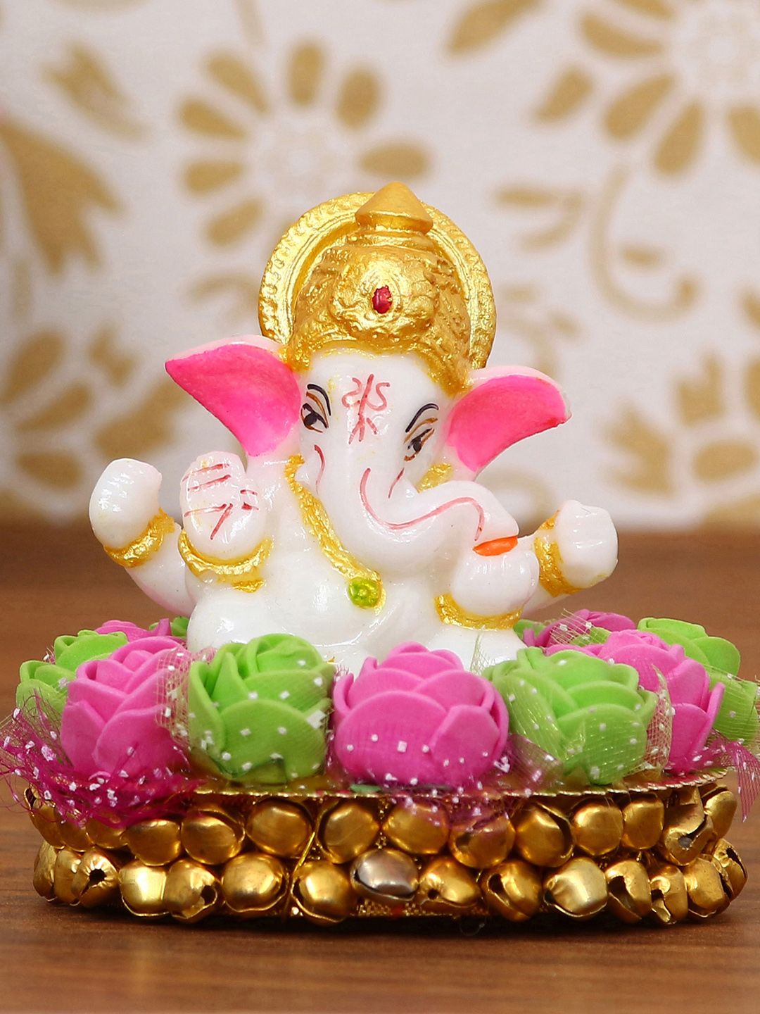 eCraftIndia Pink & White Lord Ganesha Idol On Decorative Handcrafted Plate With Flowers Showpiece Price in India