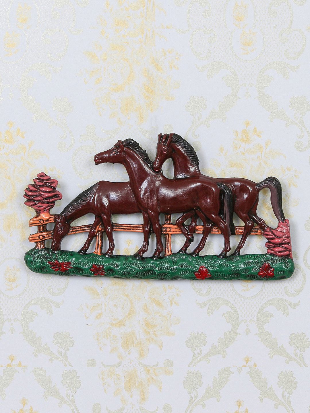 eCraftIndia Brown & Green Set of 3 Horses Decorative Wall Hanging Price in India