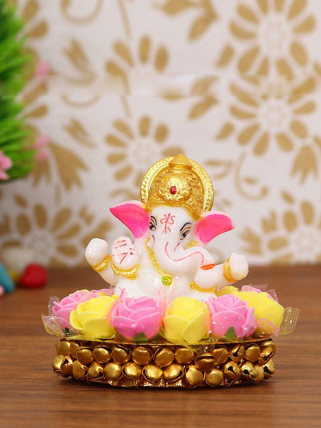 eCraftIndia White & Gold-Toned Handcrafted Lord Ganesha On Decorative Plate With Flowers Price in India