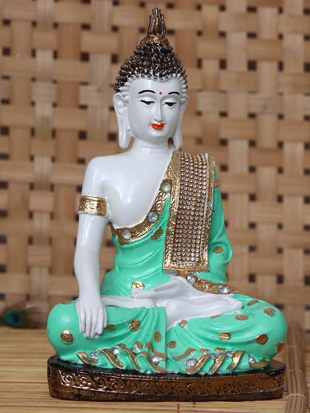 eCraftIndia Sea-Green & Gold-Toned Handcrafted Meditating Lord Buddha Decorative Showpiece Price in India