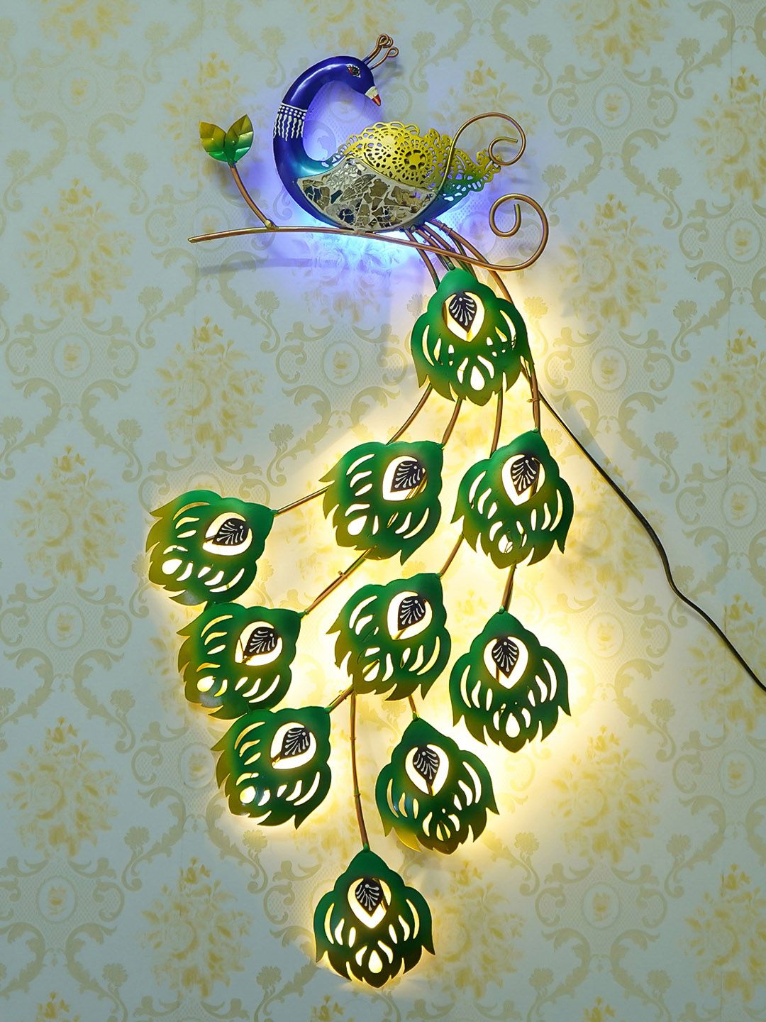 eCraftIndia Green & Yellow Handcrafted Dancing Peacock with LED Light Wall Hanging Price in India