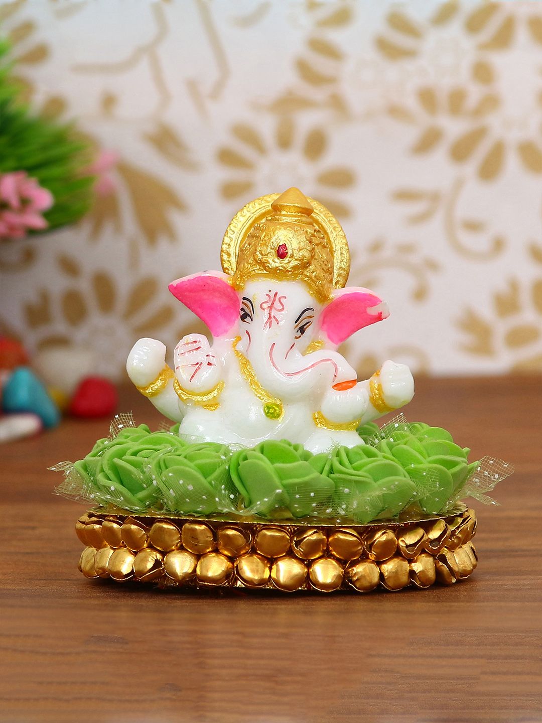 eCraftIndia Green & Gold-Toned Handcrafted Lord Ganesha On Decorative Plate With Flowers Showpiece Price in India