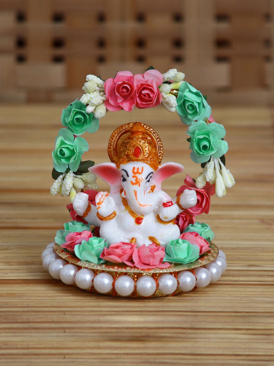 eCraftIndia White & Green Handcrafted Lord Ganesha On Decorative Plate With Throne Of Flowers Showpiece Price in India