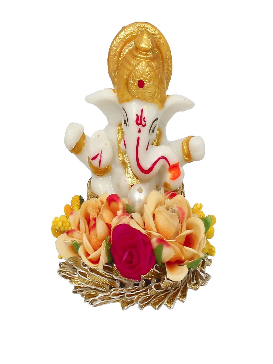 eCraftIndia White & Gold-Toned Handcrafted Lord Ganesha Idol On Decorative Plate Showpiece Price in India