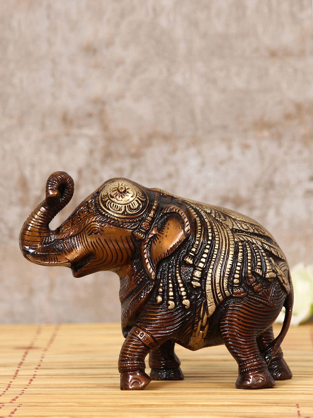 eCraftIndia Brown & Gold-Toned Handcrafted Antique Finish Elephant Figurine Decorative Showpiece Price in India