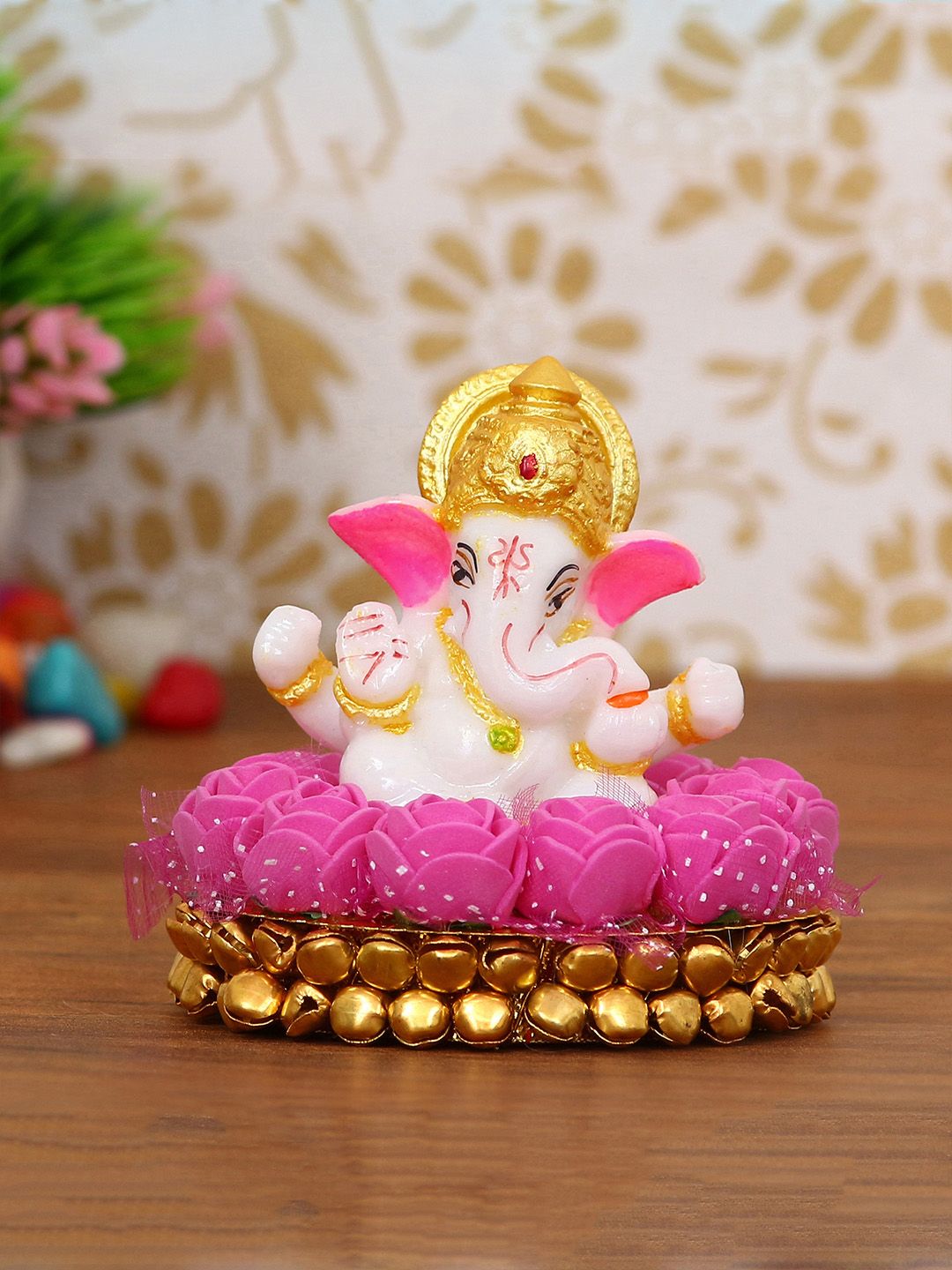 eCraftIndia White & Pink Handcrafted Lord Ganesha Idol On Plate With Flowers Showpiece Price in India