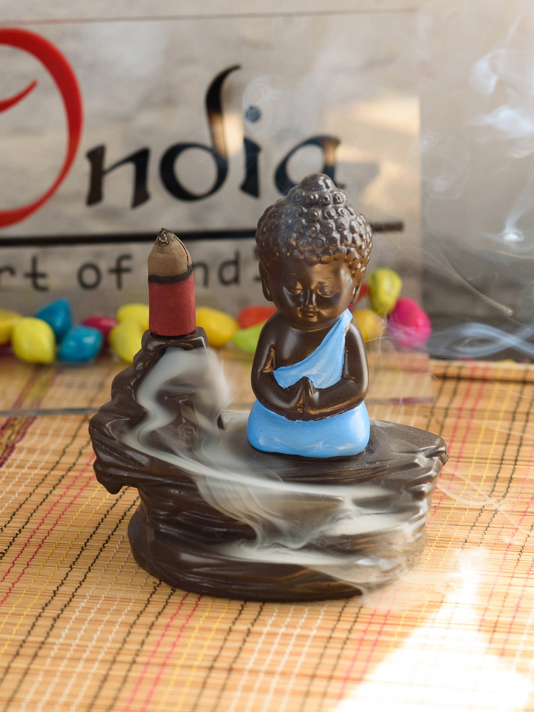 eCraftIndia Brown & Blue Meditating Monk Buddha Scented Smoke Fountain Showpiece Price in India