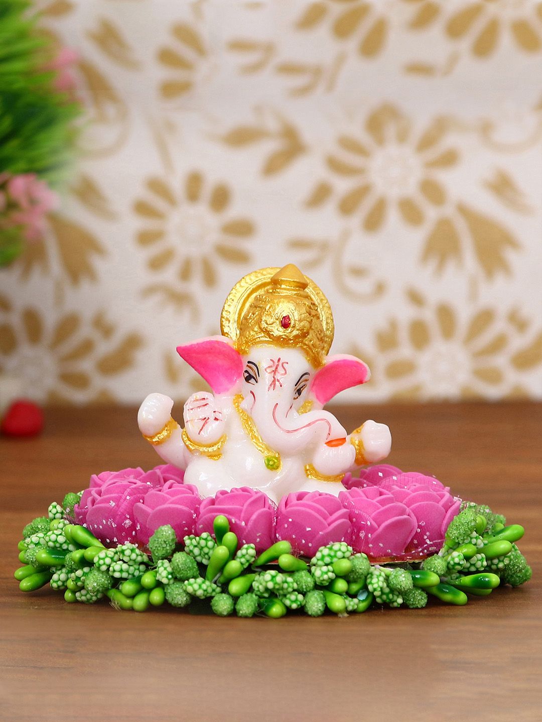 eCraftIndia Pink & White Lord Ganesha Idol On Handcrafted Plate With Flowers Showpiece Price in India