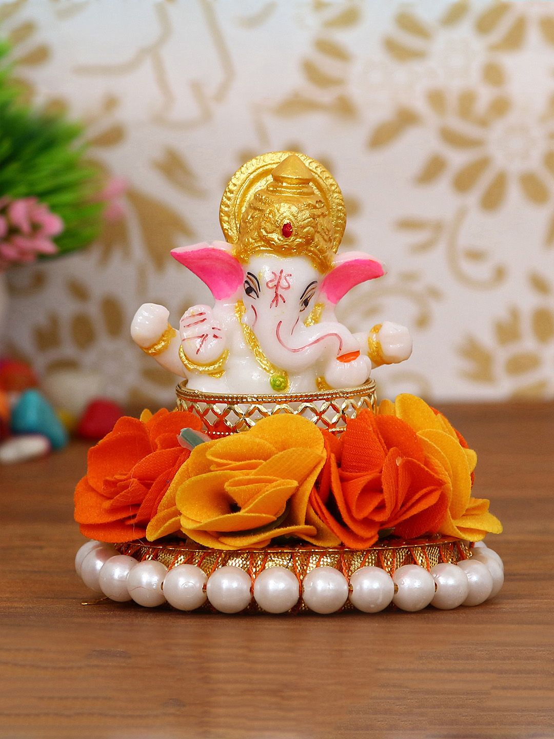 eCraftIndia Orange-Colored & White Lord Ganesha Idol On Decorative Handcrafted Plate With Flowers Showpiece Price in India