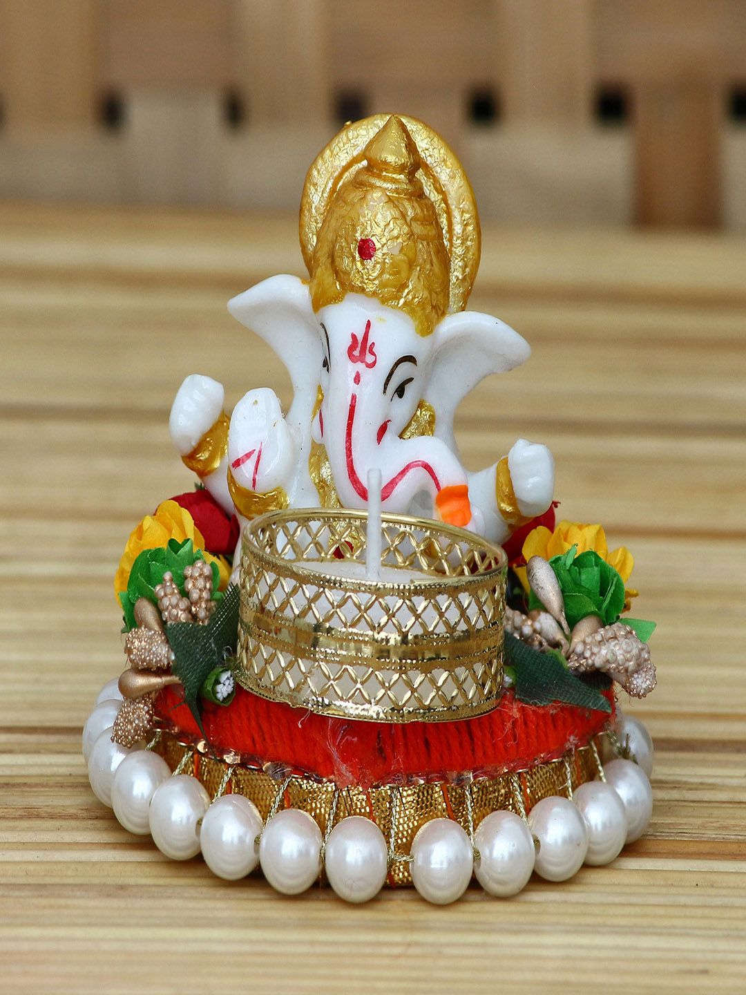 eCraftIndia Red & White Lord Ganesha Idol On Decorative Plate With Tea Light Holder Showpiece Price in India