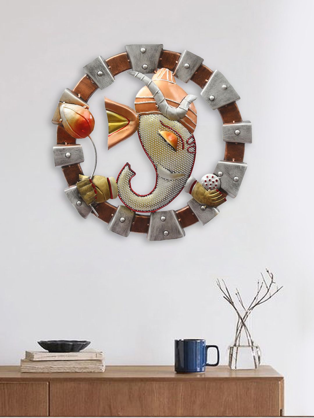 eCraftIndia Brown & Silver Toned Handcrafted Lord Ganesha Circular Wall Hanging Showpiece Price in India